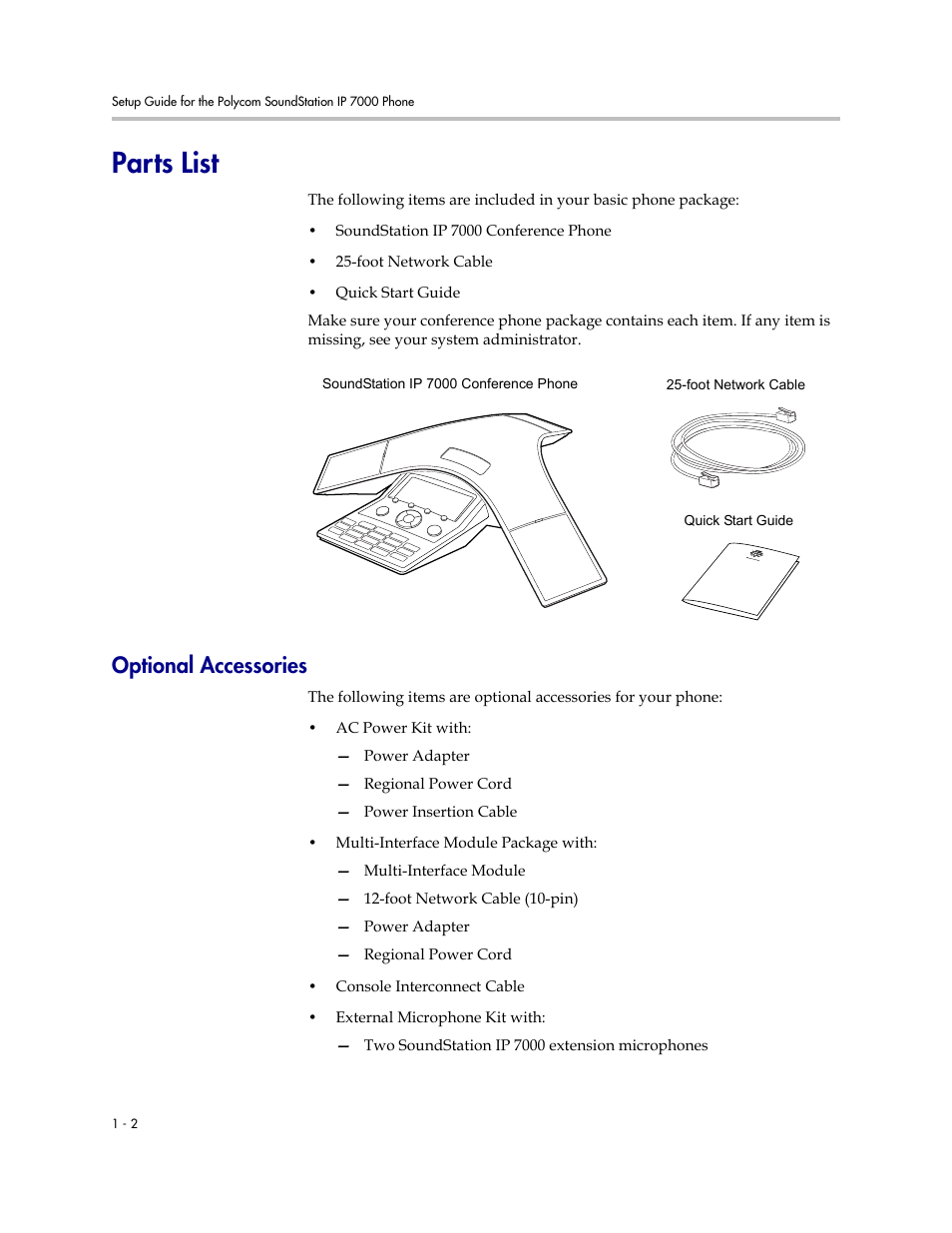 Parts list, Optional accessories, Parts list –2 | Optional accessories –2 | Polycom SoundStation IP 7000 User Manual | Page 8 / 38