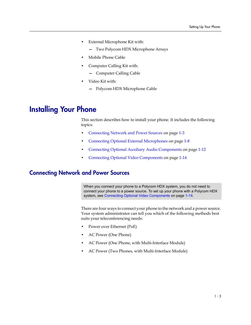 Installing your phone, Connecting network and power sources, Installing your phone –3 | Connecting network and power sources –3 | Polycom SoundStation IP 7000 User Manual | Page 9 / 38