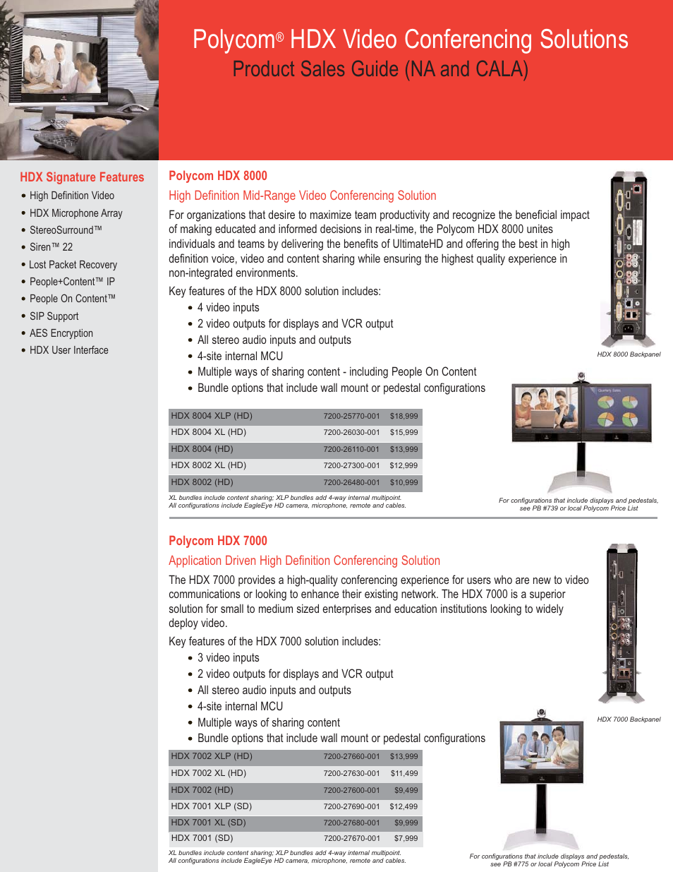 Polycom, Hdx video conferencing solutions, Product sales guide (na and cala) | Hdx signature features | Polycom HDX 9000 User Manual | Page 2 / 2
