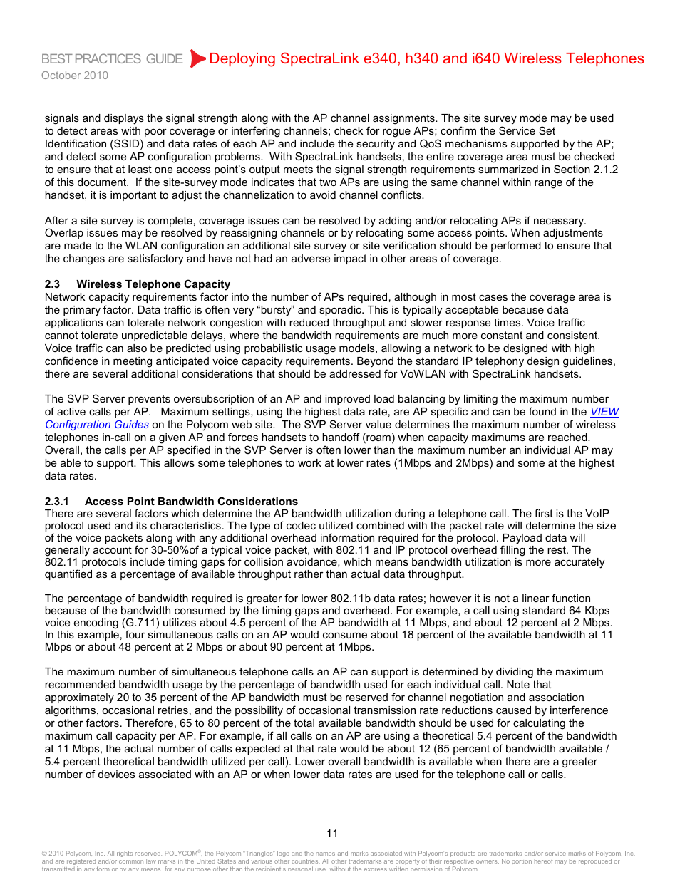 3 wireless telephone capacity, 1 access point bandwidth considerations, Wireless telephone capacity | Access point bandwidth considerations | Polycom H340 User Manual | Page 11 / 30