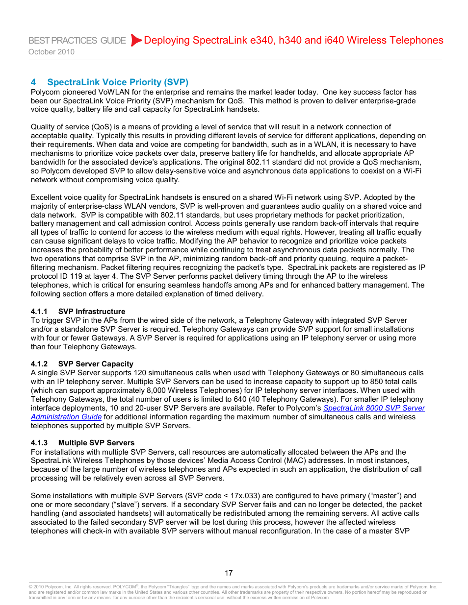 4 spectralink voice priority (svp), 1 svp infrastructure, 2 svp server capacity | 3 multiple svp servers, Spectralink voice priority (svp), Svp infrastructure, Svp server capacity, Multiple svp servers | Polycom H340 User Manual | Page 17 / 30