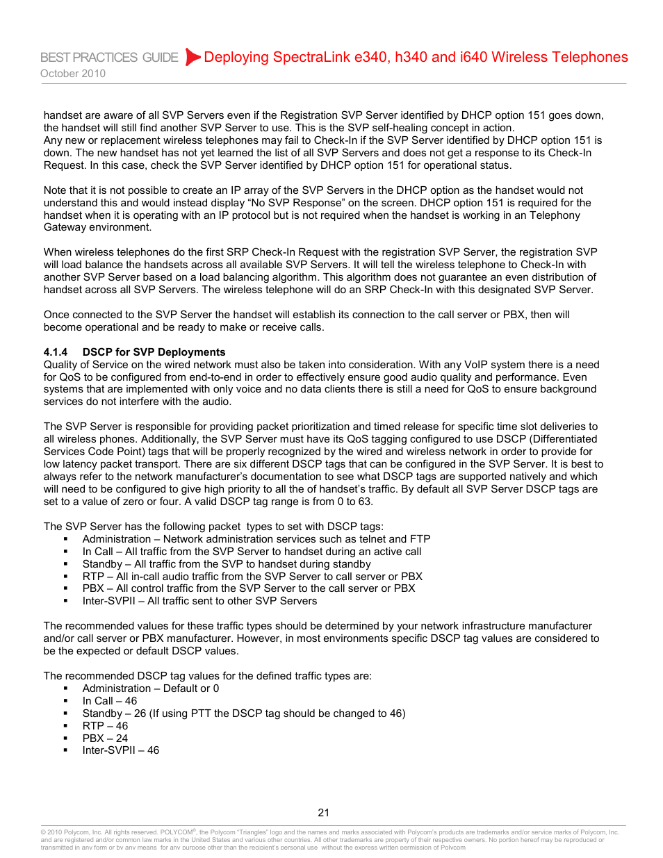 4 dscp for svp deployments, Dscp for svp deployments | Polycom H340 User Manual | Page 21 / 30