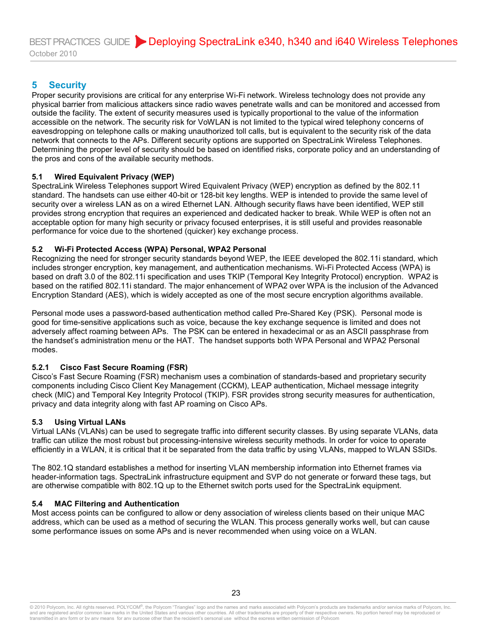 5 security, 1 wired equivalent privacy (wep), 1 cisco fast secure roaming (fsr) | 3 using virtual lans, 4 mac filtering and authentication, Security, Wired equivalent privacy (wep), Cisco fast secure roaming (fsr), Using virtual lans, Mac filtering and authentication | Polycom H340 User Manual | Page 23 / 30