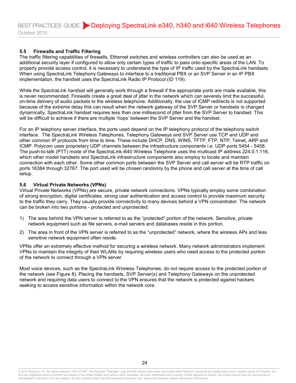 5 firewalls and traffic filtering, 6 virtual private networks (vpns), Firewalls and traffic filtering | Virtual private networks (vpns), Best practices guide | Polycom H340 User Manual | Page 24 / 30