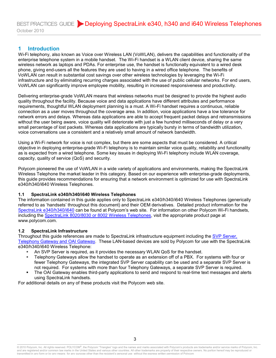 Introduction, 1 spectralink e340/h340/i640 wireless telephones, 2 spectralink infrastructure | Spectralink e340/h340/i640 wireless telephones, Spectralink infrastructure | Polycom H340 User Manual | Page 3 / 30