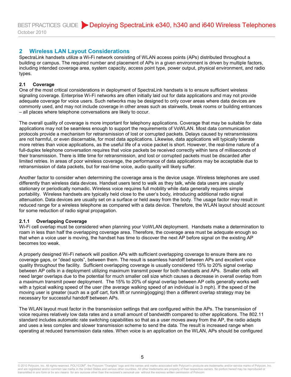 2 wireless lan layout considerations, 1 coverage, 1 overlapping coverage | Wireless lan layout considerations, Coverage, Overlapping coverage | Polycom H340 User Manual | Page 5 / 30