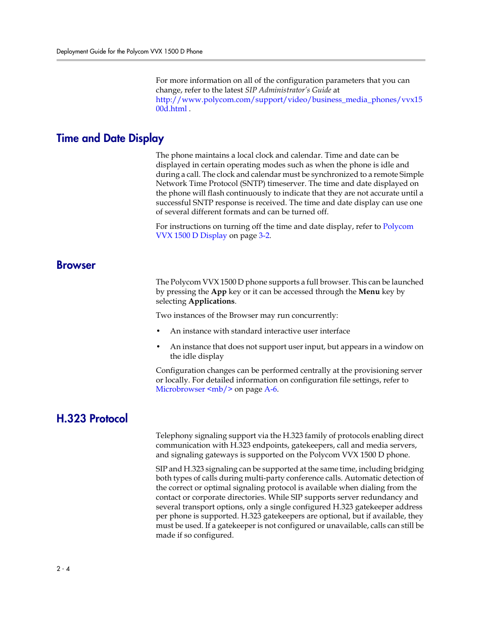 Time and date display, Browser, H.323 protocol | Polycom VVX 1500 D User Manual | Page 14 / 42