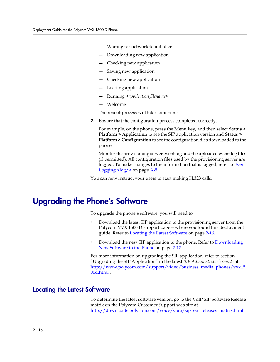 Upgrading the phone’s software, Locating the latest software, Upgrading the phone’s software –16 | Locating the latest software –16 | Polycom VVX 1500 D User Manual | Page 26 / 42