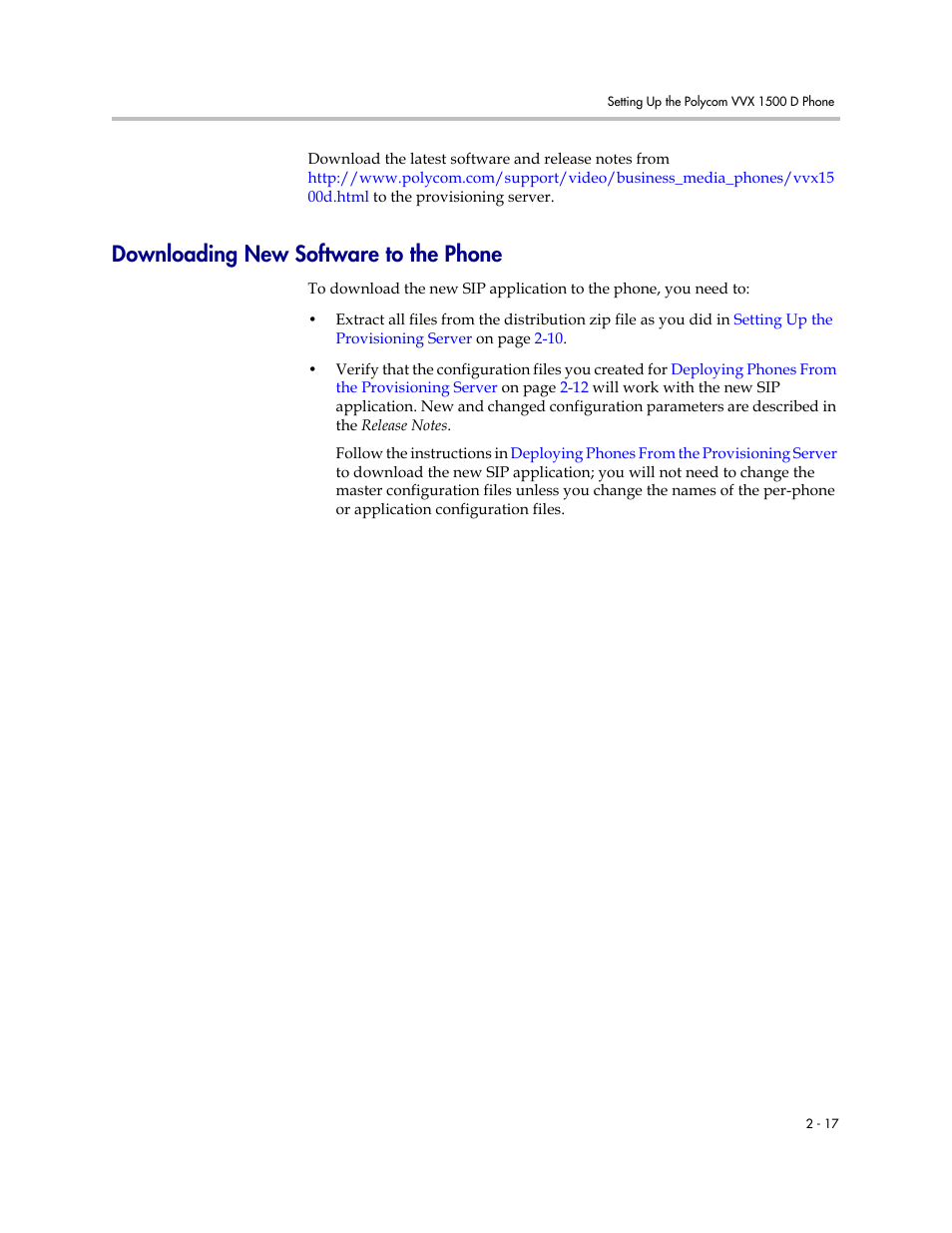 Downloading new software to the phone, Downloading new software to the phone –17, Downloading | New software to the phone | Polycom VVX 1500 D User Manual | Page 27 / 42