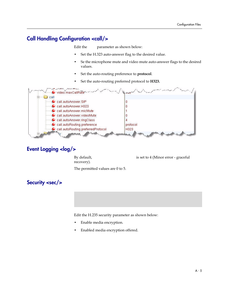 Call handling configuration <call, Event logging <log, Security <sec | Event, Logging <log | Polycom VVX 1500 D User Manual | Page 35 / 42