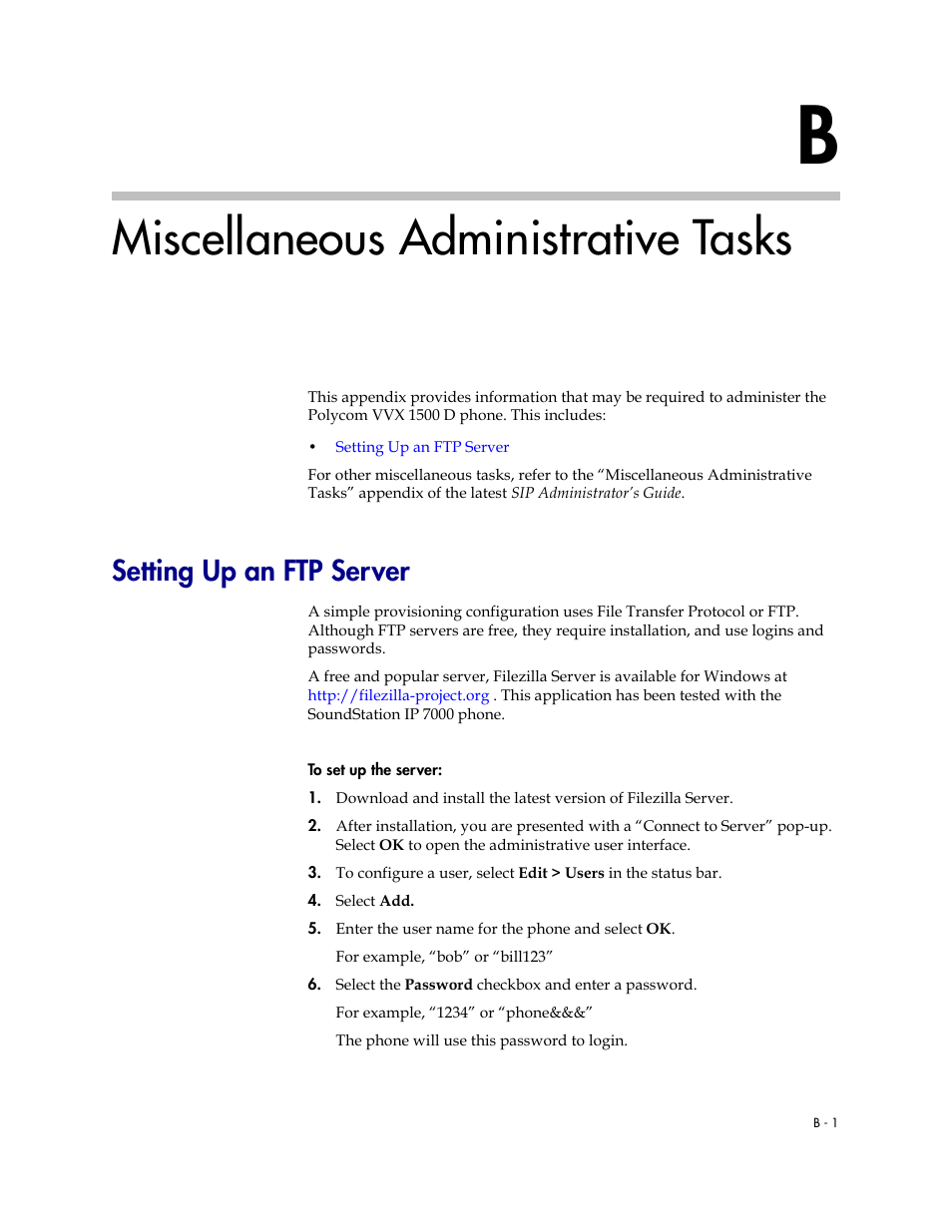 Miscellaneous administrative tasks, Setting up an ftp server | Polycom VVX 1500 D User Manual | Page 39 / 42