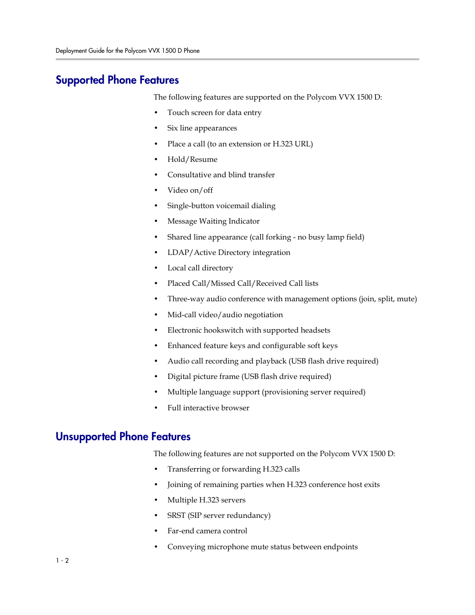 Supported phone features, Unsupported phone features | Polycom VVX 1500 D User Manual | Page 8 / 42