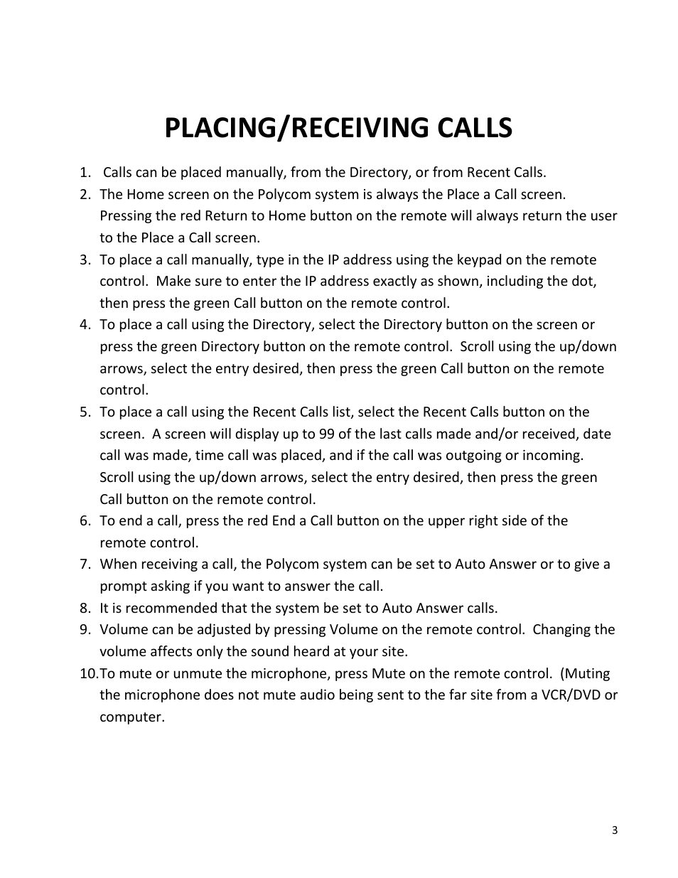 Placing/receiving calls | Polycom VSX7000E User Manual | Page 4 / 12