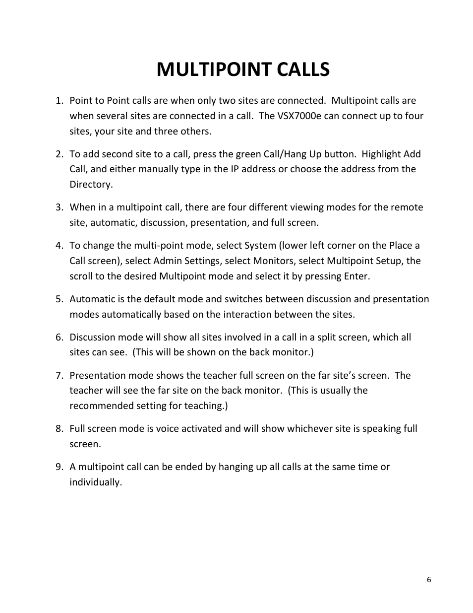 Multipoint calls | Polycom VSX7000E User Manual | Page 7 / 12