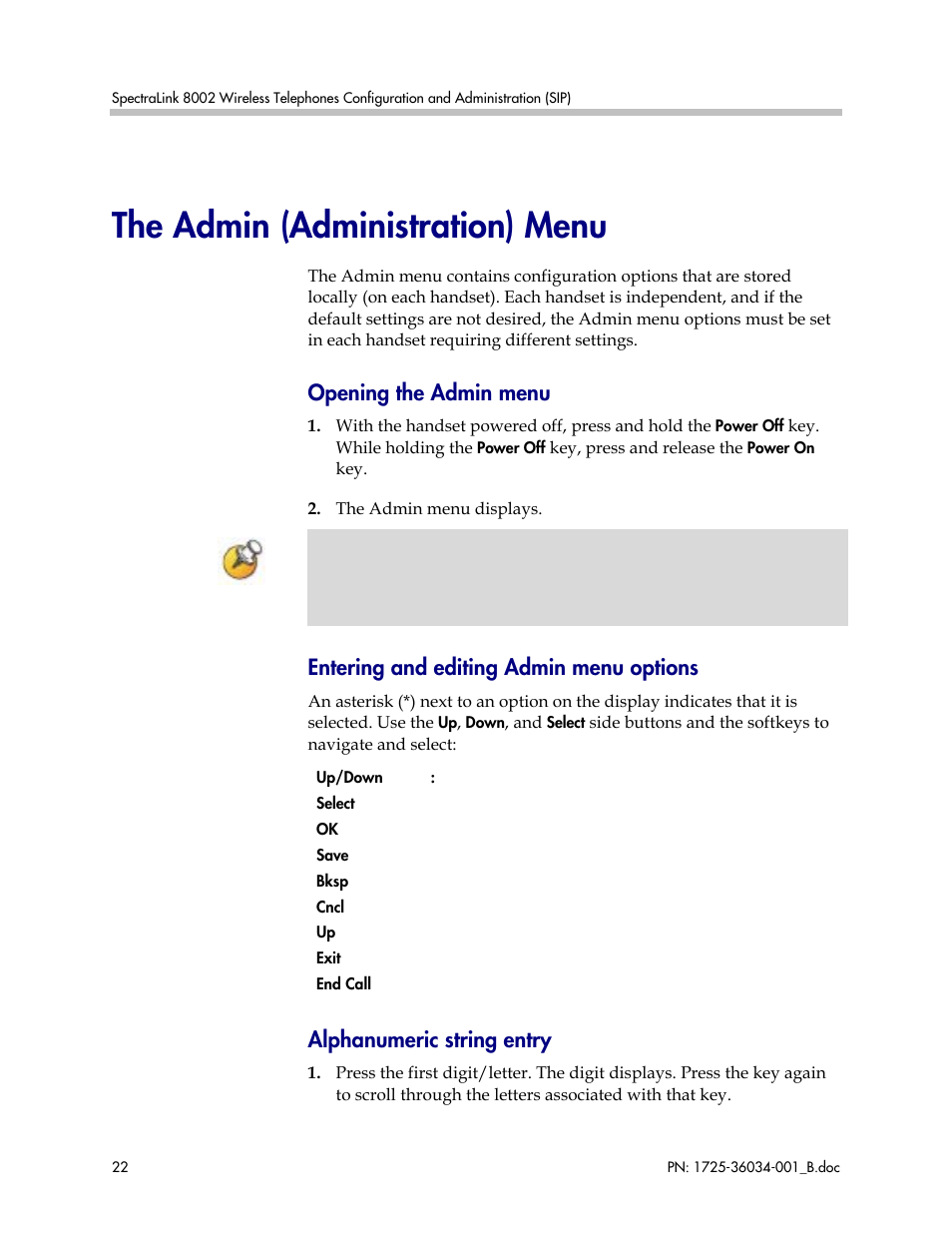 The admin (administration) menu, Opening the admin menu, Entering and editing admin menu options | Alphanumeric string entry | Polycom SpectraLink 1725-36034-001 User Manual | Page 22 / 99