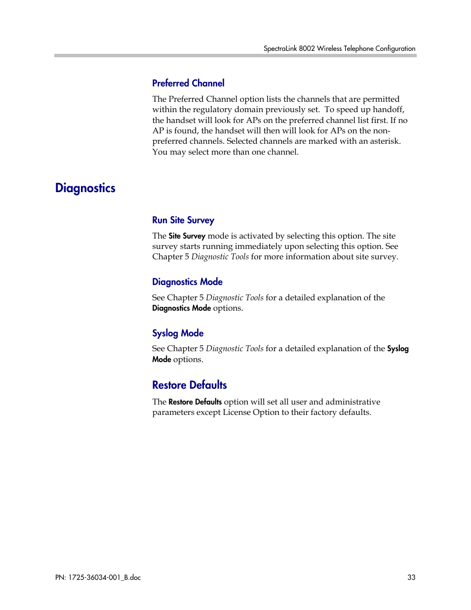 Diagnostics, Restore defaults | Polycom SpectraLink 1725-36034-001 User Manual | Page 33 / 99