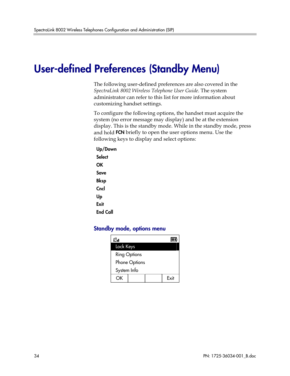 User-defined preferences (standby menu) | Polycom SpectraLink 1725-36034-001 User Manual | Page 34 / 99