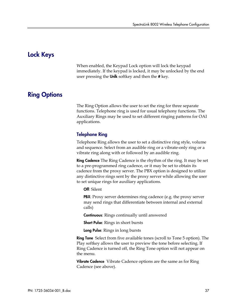 Lock keys, Ring options | Polycom SpectraLink 1725-36034-001 User Manual | Page 37 / 99