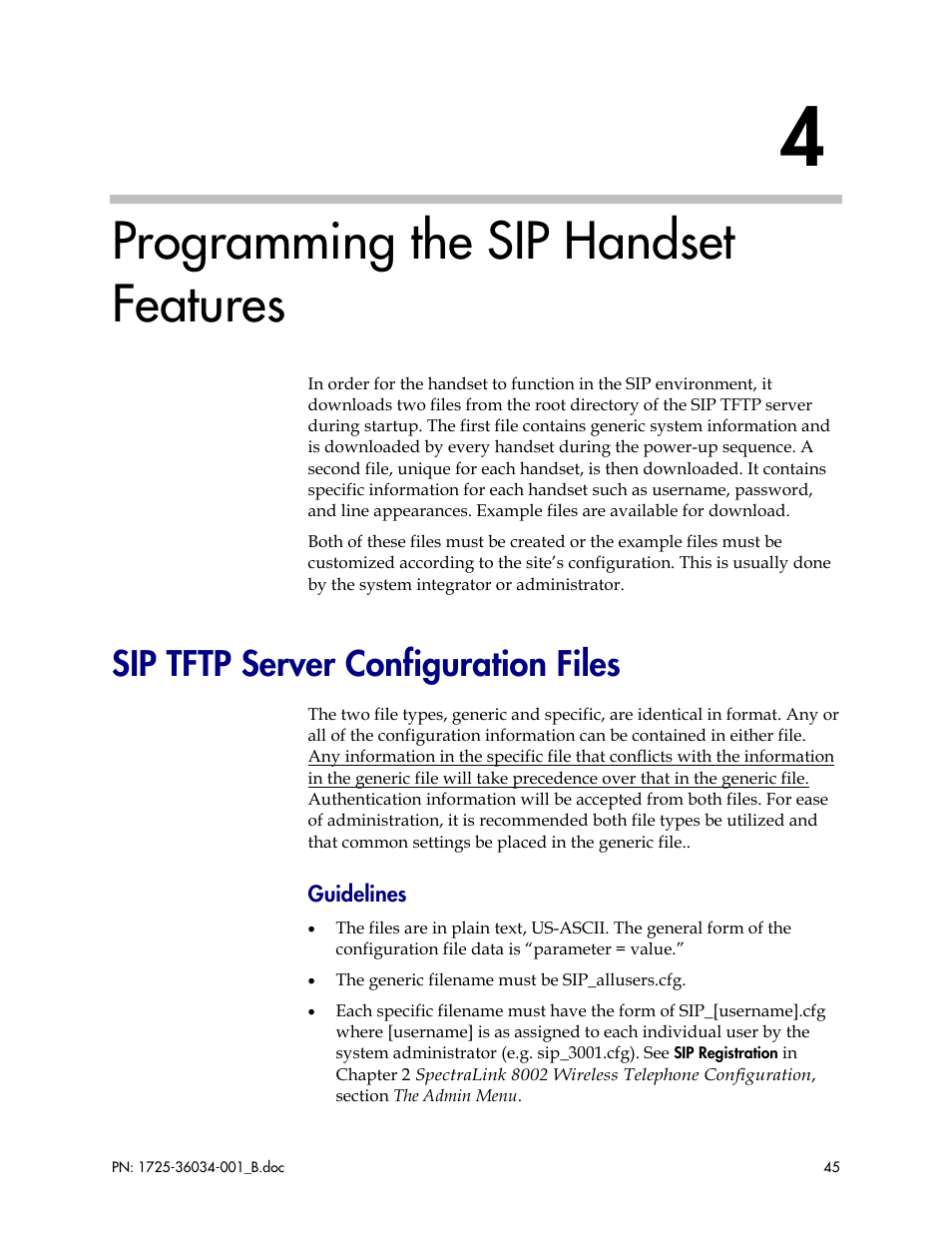 Programming the sip handset features, Sip tftp server configuration files | Polycom SpectraLink 1725-36034-001 User Manual | Page 45 / 99