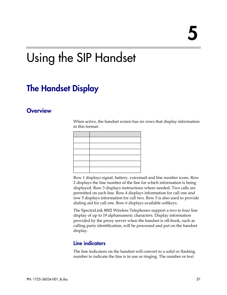 Using the sip handset, The handset display, Overview | Polycom SpectraLink 1725-36034-001 User Manual | Page 57 / 99