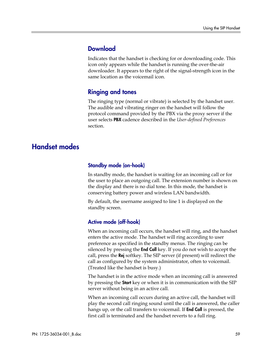 Handset modes, Download, Ringing and tones | Polycom SpectraLink 1725-36034-001 User Manual | Page 59 / 99