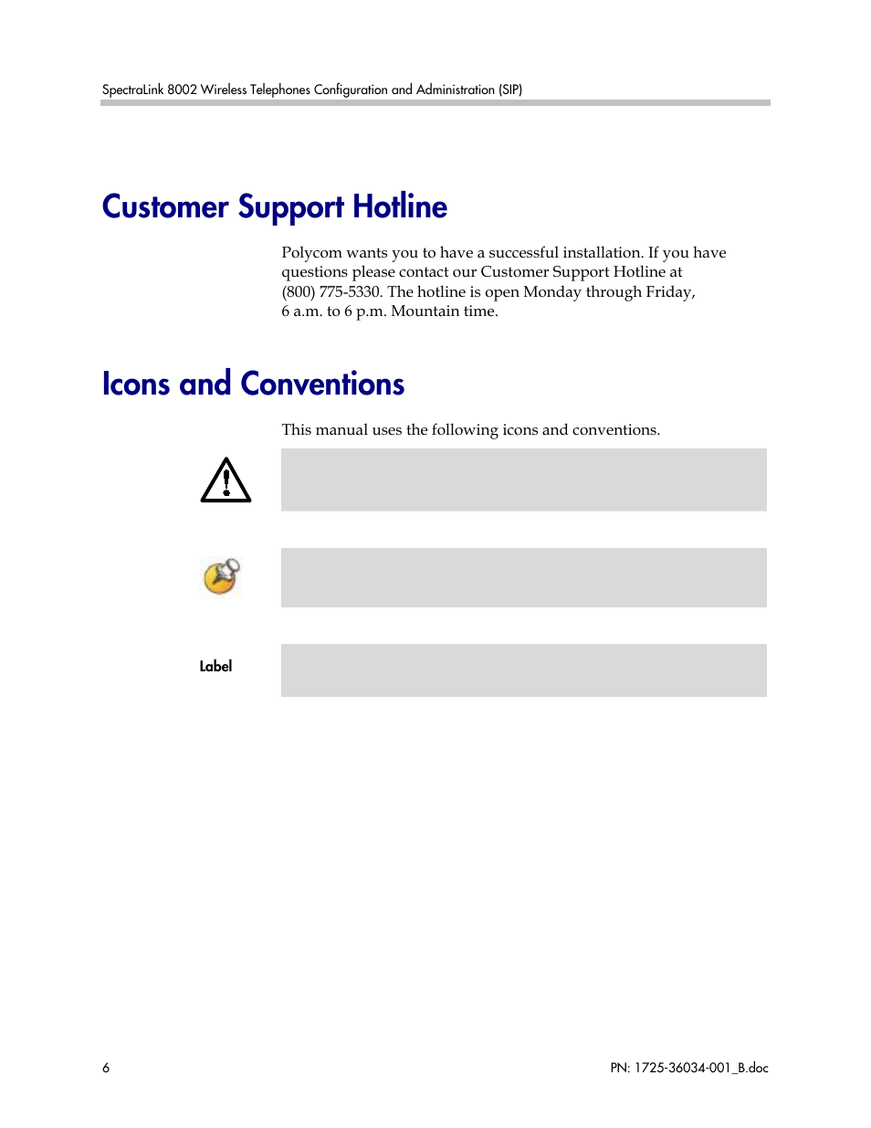 Customer support hotline, Icons and conventions | Polycom SpectraLink 1725-36034-001 User Manual | Page 6 / 99