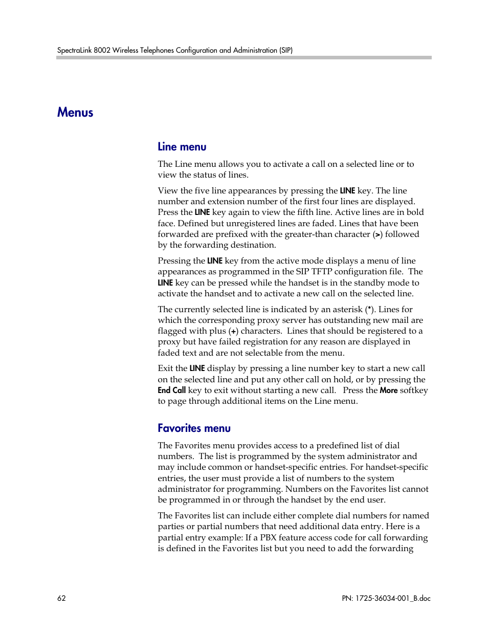 Menus, Line menu, Favorites menu | Polycom SpectraLink 1725-36034-001 User Manual | Page 62 / 99