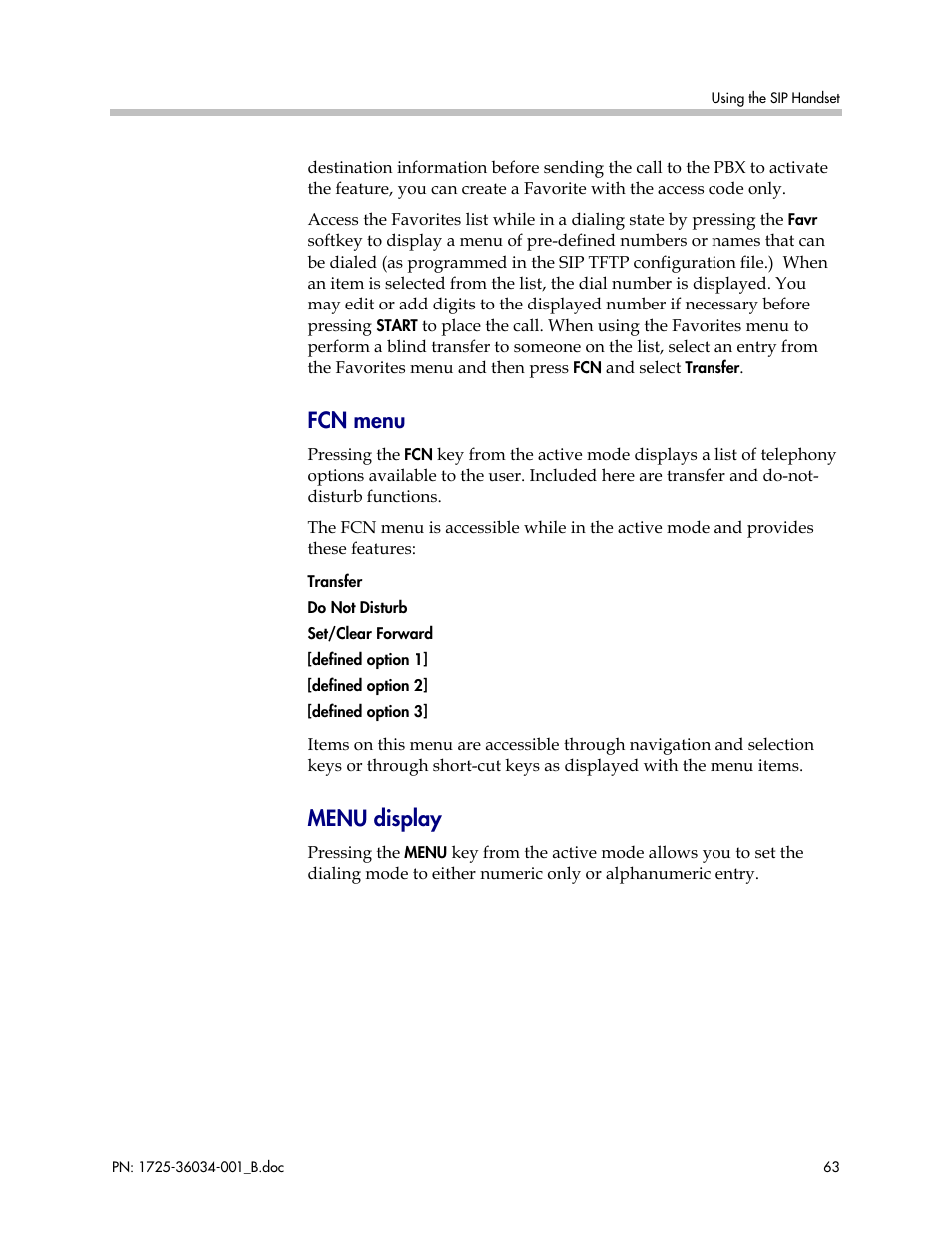 Fcn menu, Menu display | Polycom SpectraLink 1725-36034-001 User Manual | Page 63 / 99