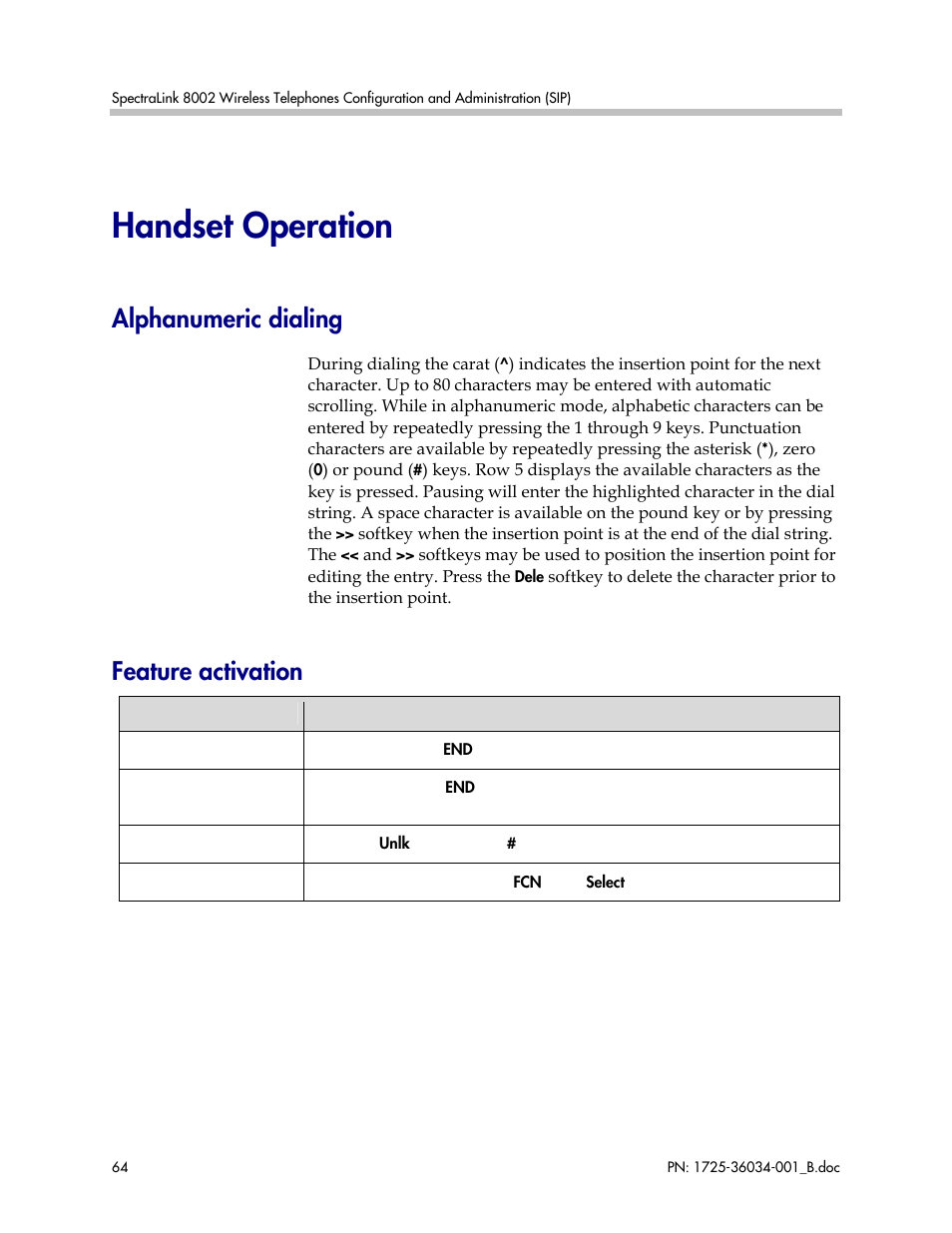 Handset operation, Alphanumeric dialing, Feature activation | Alphanumeric dialing feature activation | Polycom SpectraLink 1725-36034-001 User Manual | Page 64 / 99