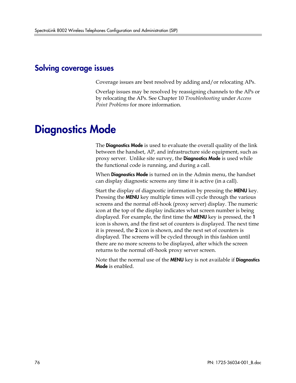 Solving coverage issues, Diagnostics mode | Polycom SpectraLink 1725-36034-001 User Manual | Page 76 / 99