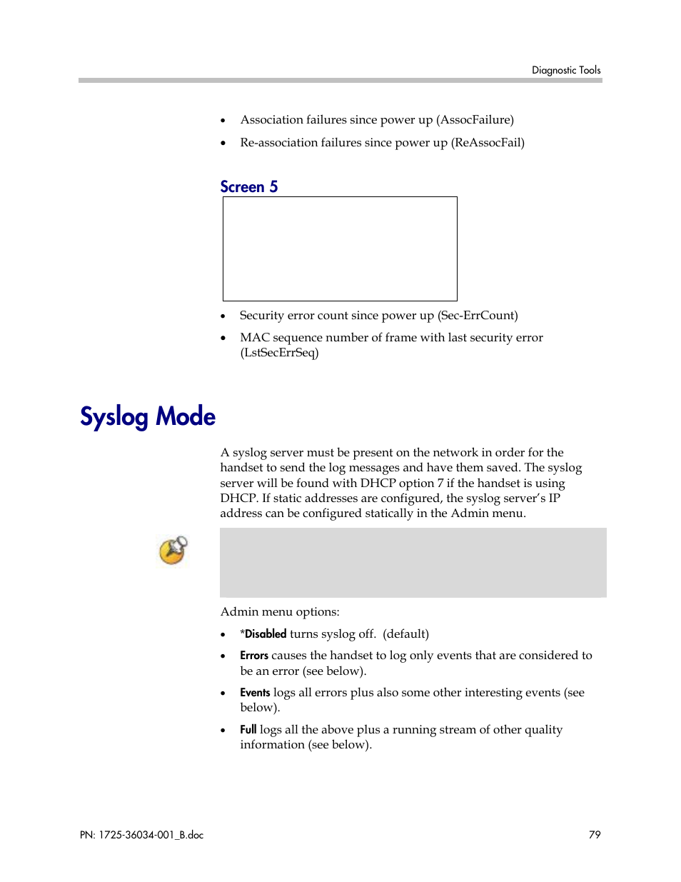 Syslog mode, Screen 5 | Polycom SpectraLink 1725-36034-001 User Manual | Page 79 / 99