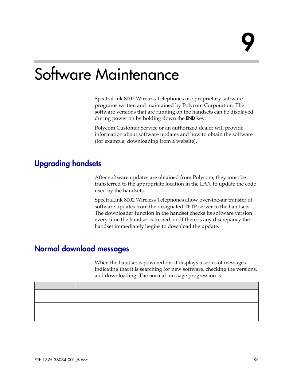 Software maintenance, Upgrading handsets, Normal download messages | Upgrading handsets normal download messages | Polycom SpectraLink 1725-36034-001 User Manual | Page 85 / 99