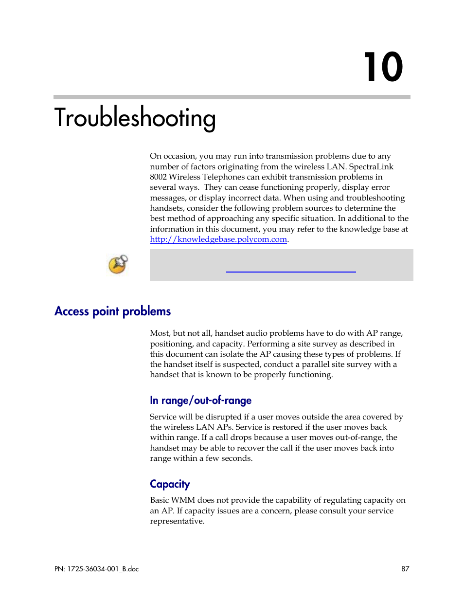 Troubleshooting, Access point problems | Polycom SpectraLink 1725-36034-001 User Manual | Page 87 / 99