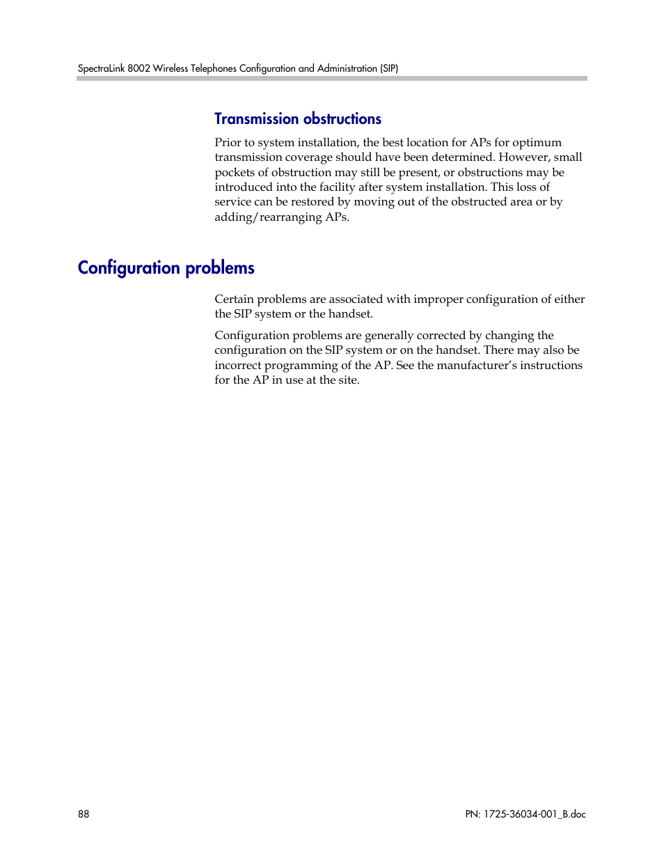 Configuration problems, Transmission obstructions | Polycom SpectraLink 1725-36034-001 User Manual | Page 88 / 99