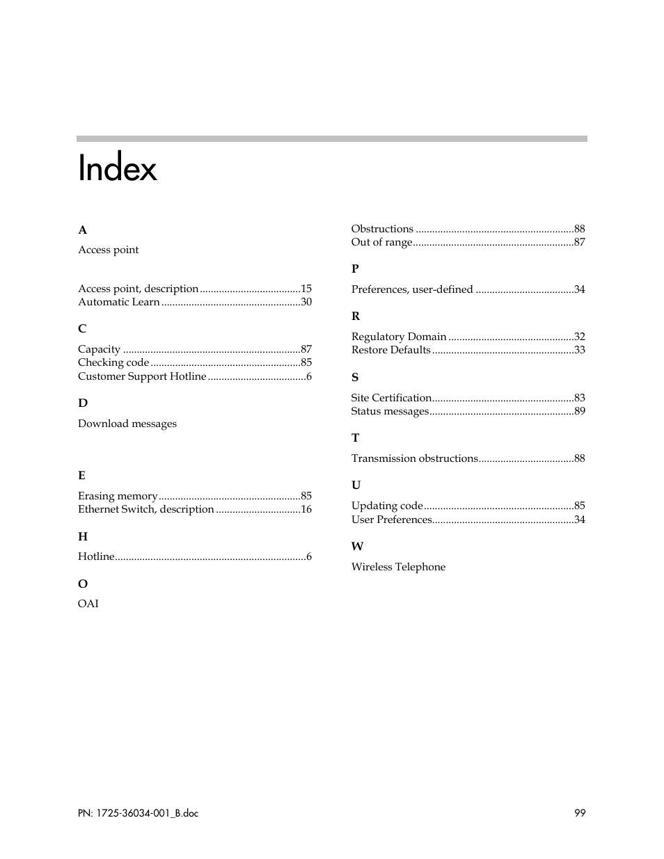 Index | Polycom SpectraLink 1725-36034-001 User Manual | Page 99 / 99