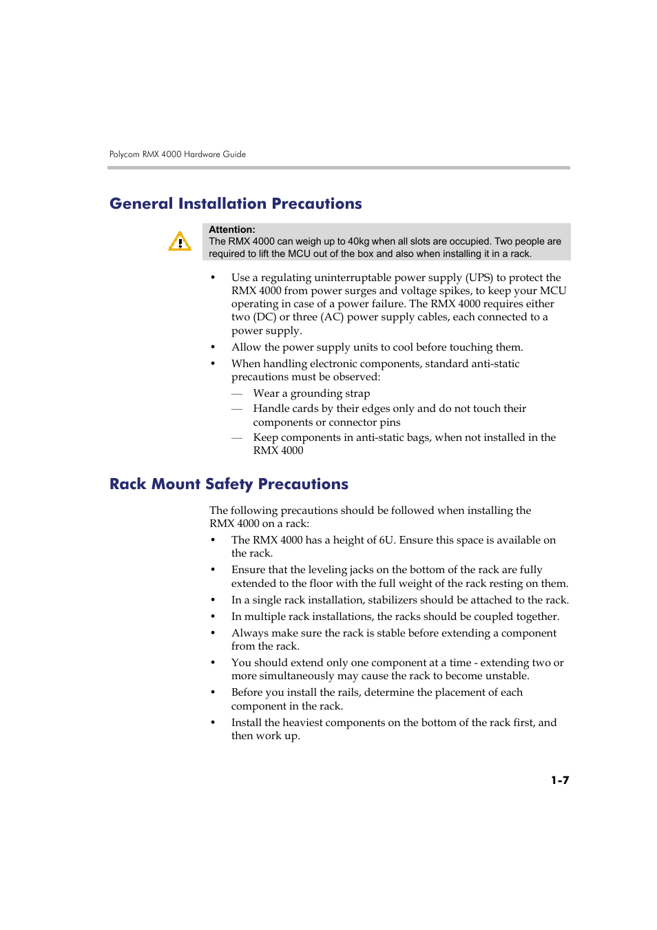 General installation precautions, Rack mount safety precautions | Polycom RMX DOC2548A User Manual | Page 13 / 60