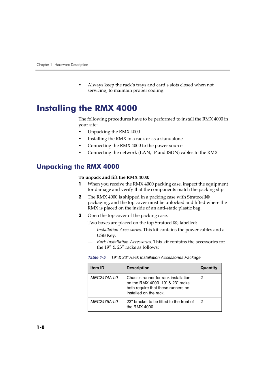 Installing the rmx 4000, Unpacking the rmx 4000, Installing the rmx 4000 -8 | Unpacking the rmx 4000 -8 | Polycom RMX DOC2548A User Manual | Page 14 / 60