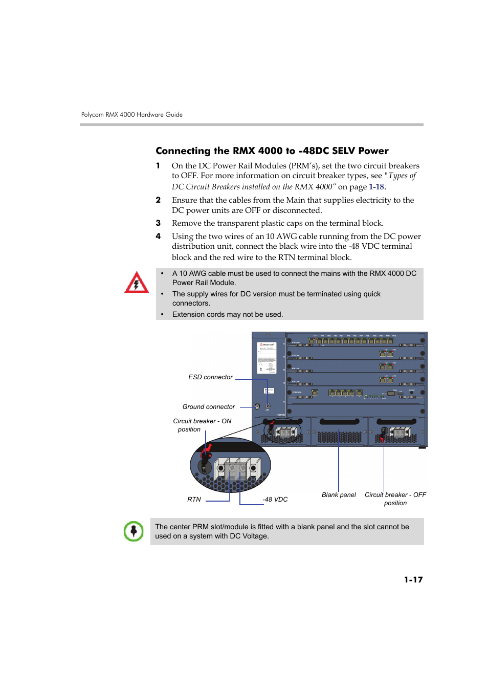 Connecting the rmx 4000 to -48dc selv power, Connecting the rmx 4000 to -48dc selv power -17 | Polycom RMX DOC2548A User Manual | Page 23 / 60