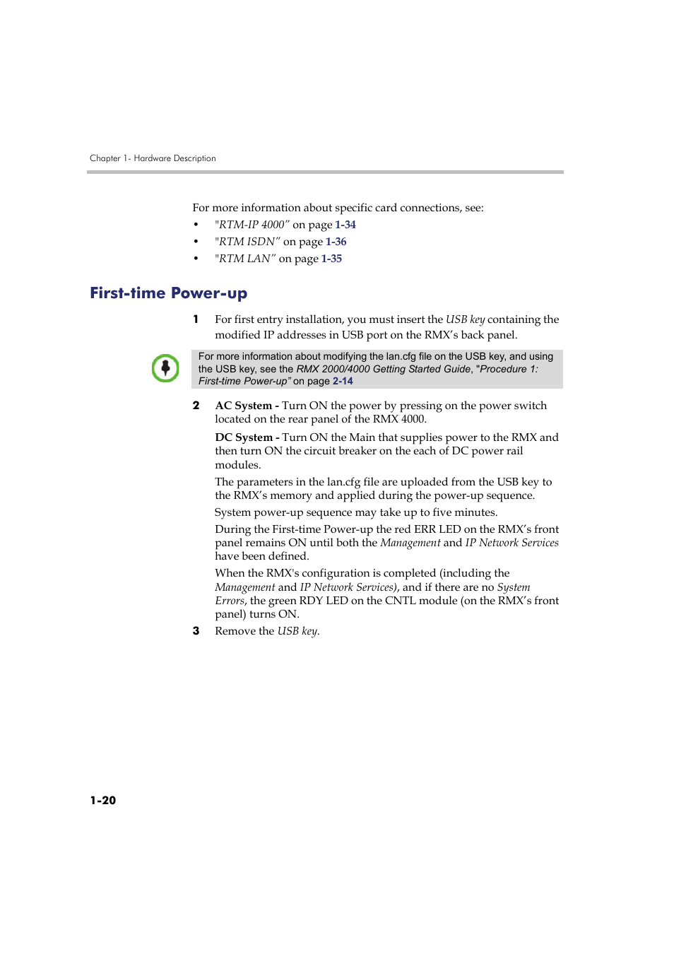 First-time power-up, First-time power-up -20 | Polycom RMX DOC2548A User Manual | Page 26 / 60