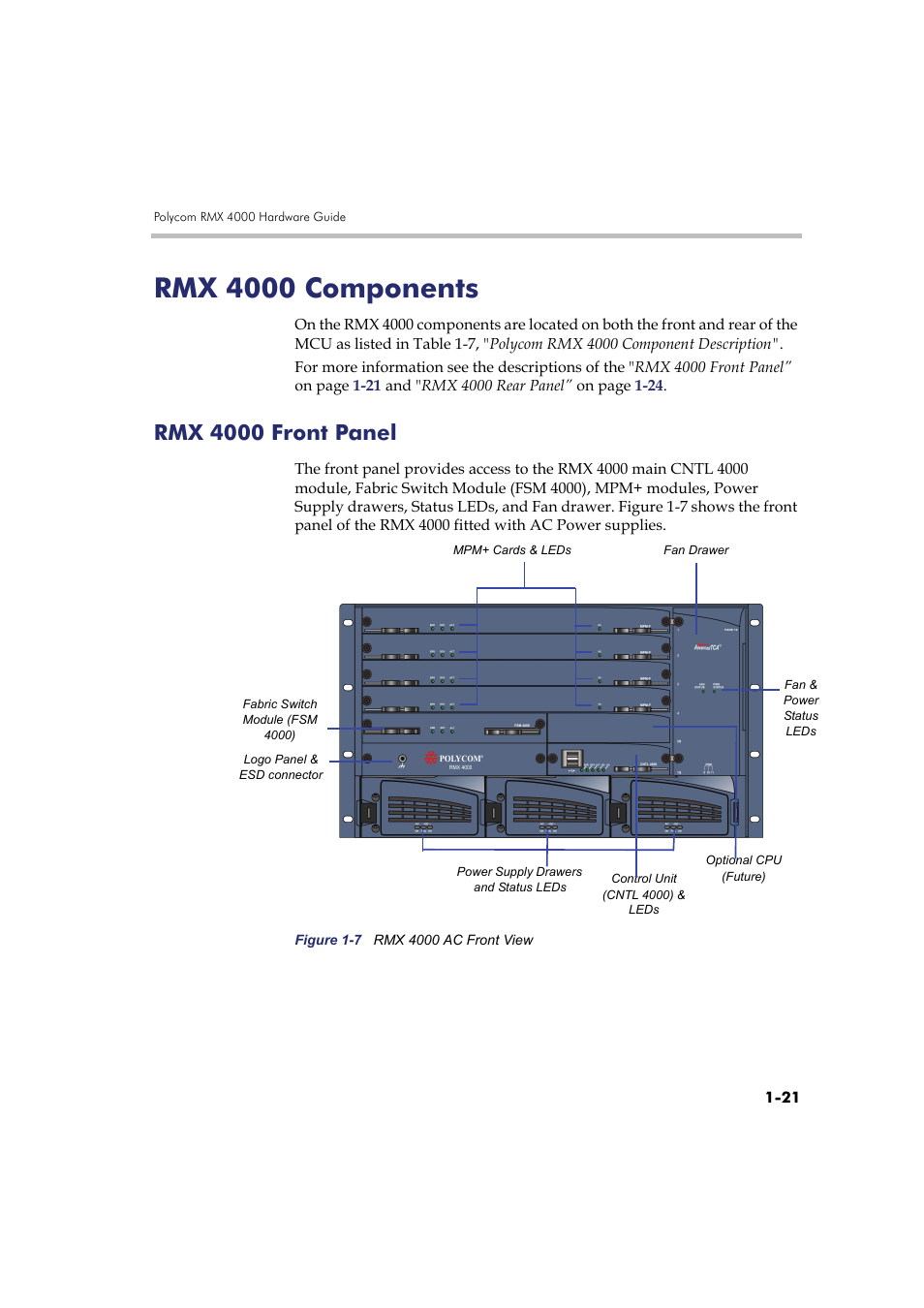 Rmx 4000 components, Rmx 4000 front panel, Rmx 4000 components -21 | Rmx 4000 front panel -21 | Polycom RMX DOC2548A User Manual | Page 27 / 60