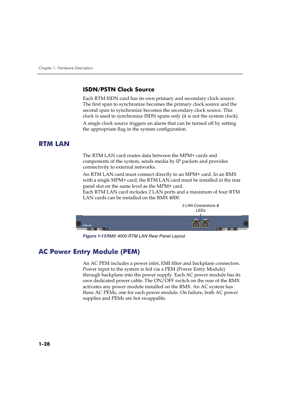 Isdn/pstn clock source, Rtm lan, Ac power entry module (pem) | Isdn/pstn clock source -28, Rtm lan -28 ac power entry module (pem) -28 | Polycom RMX DOC2548A User Manual | Page 34 / 60