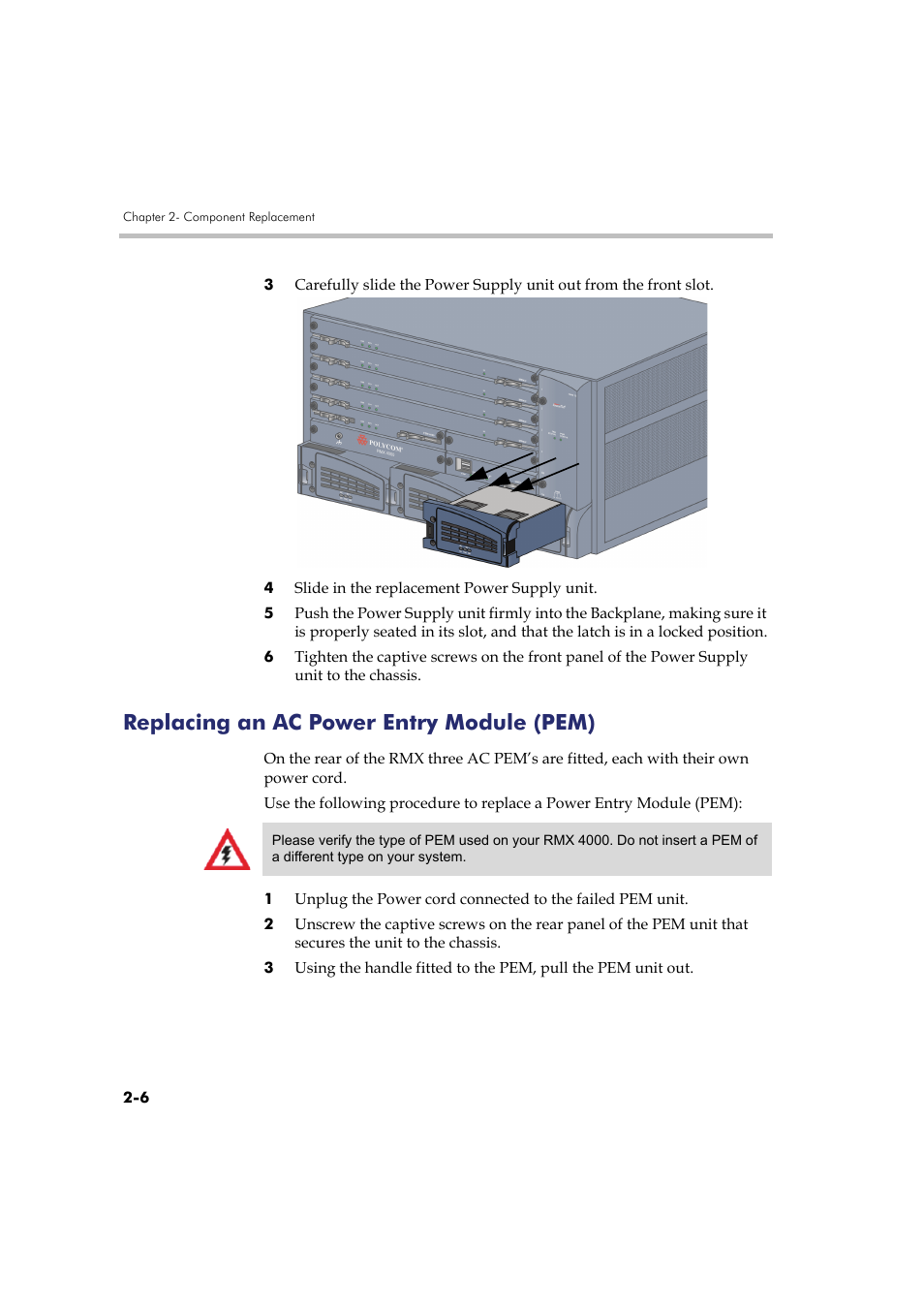 Replacing an ac power entry module (pem), Replacing an ac power entry module (pem) -6, See " replacing an ac power entry module | Polycom RMX DOC2548A User Manual | Page 48 / 60