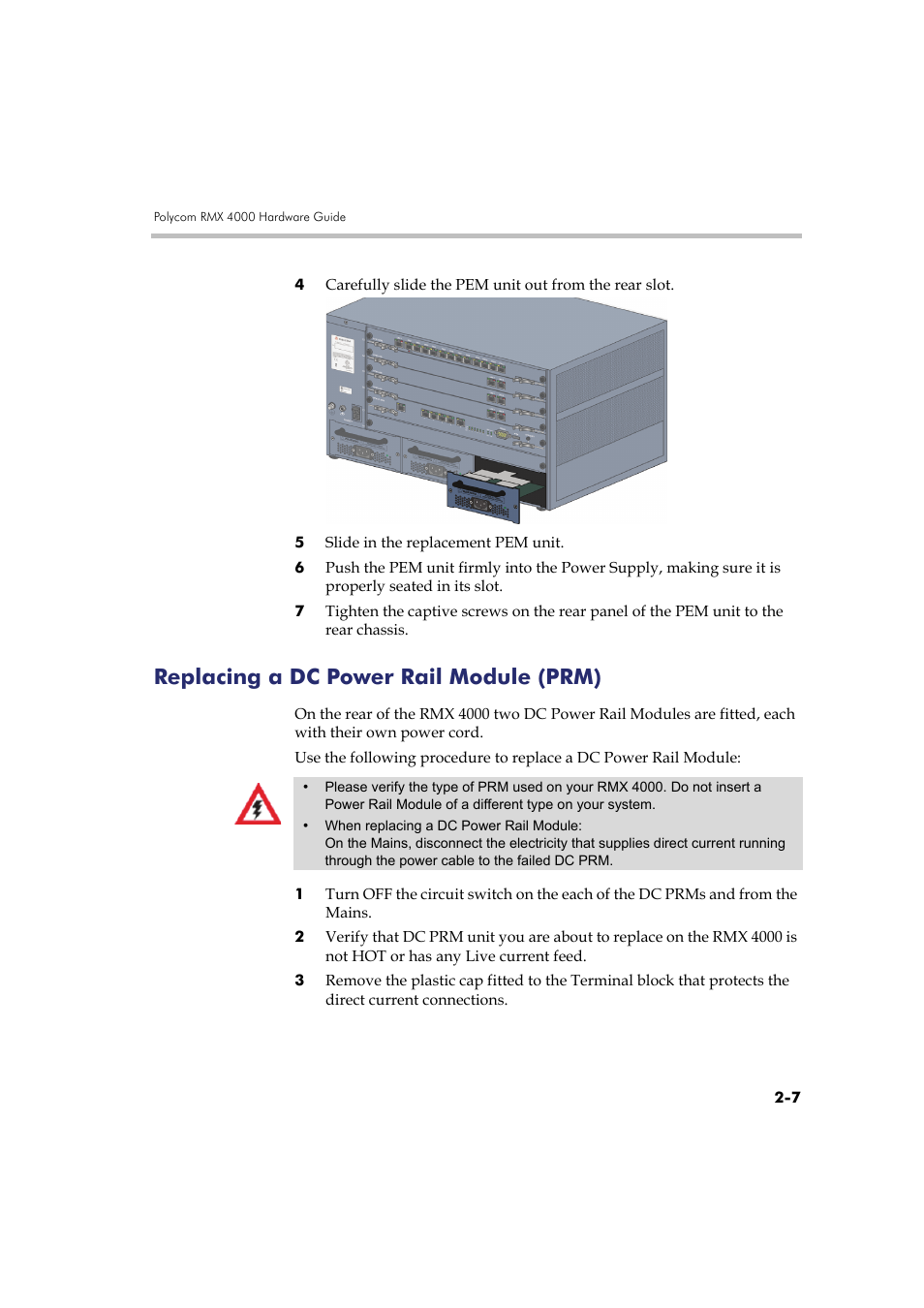 Replacing a dc power rail module (prm), Replacing a dc power rail module (prm) -7, Replacing a dc power rail module | Polycom RMX DOC2548A User Manual | Page 49 / 60