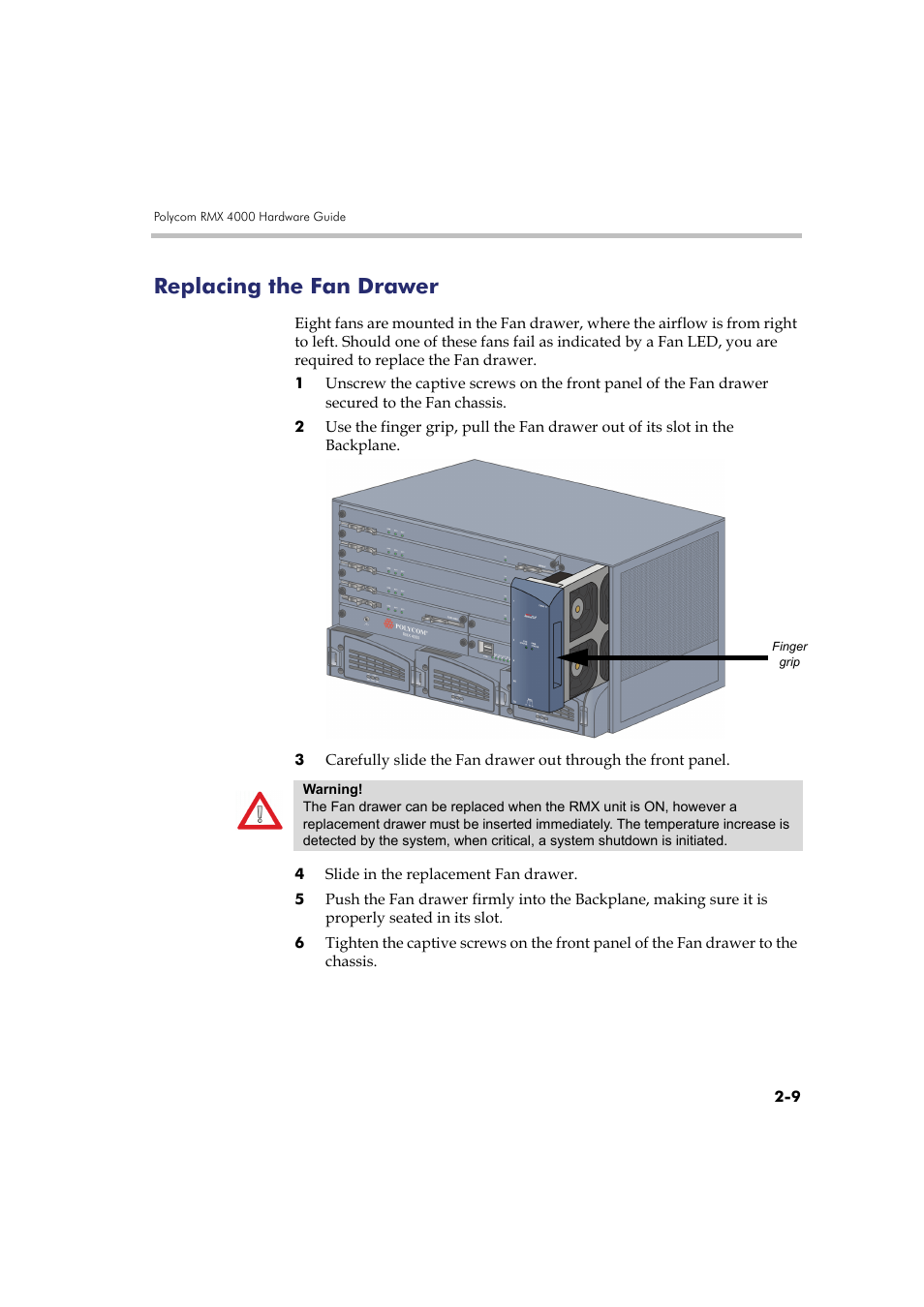 Replacing the fan drawer, Replacing the fan drawer -9 | Polycom RMX DOC2548A User Manual | Page 51 / 60