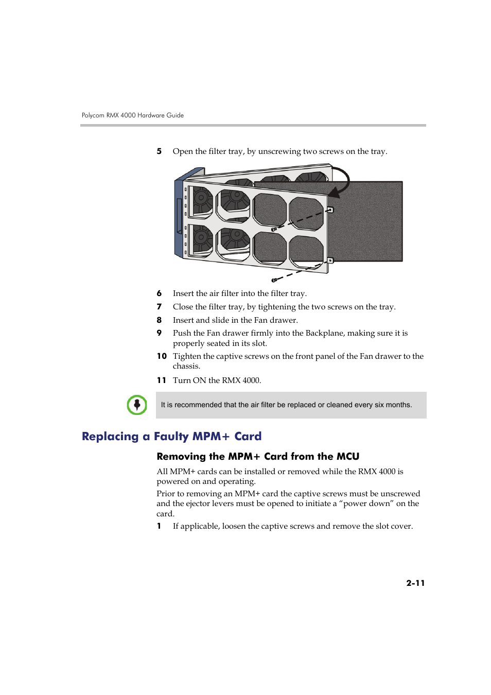 Replacing a faulty mpm+ card, Removing the mpm+ card from the mcu, Replacing a faulty mpm+ card -11 | Removing the mpm+ card from the mcu -11, Replacing a faulty | Polycom RMX DOC2548A User Manual | Page 53 / 60