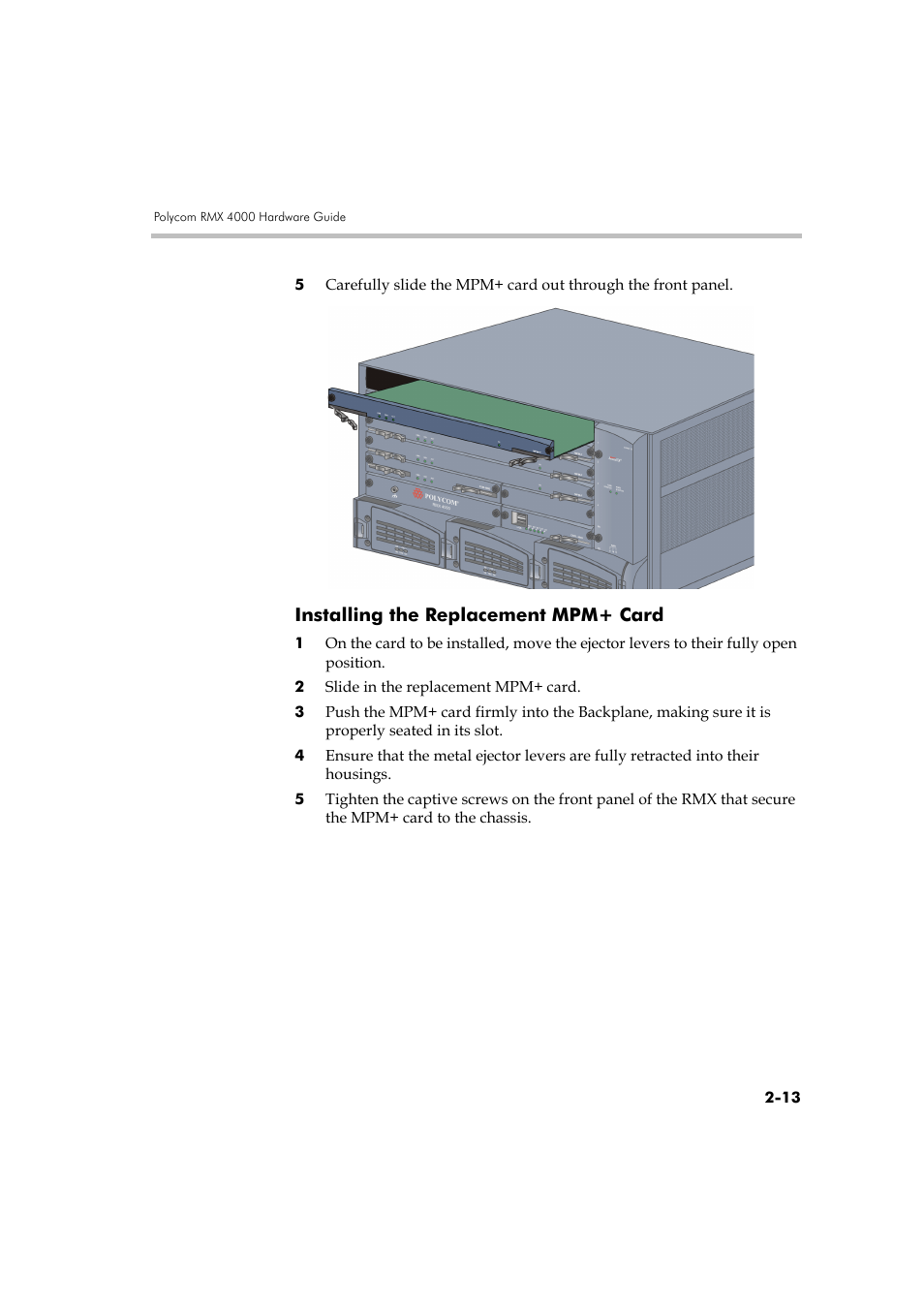 Installing the replacement mpm+ card, Installing the replacement mpm+ card -13 | Polycom RMX DOC2548A User Manual | Page 55 / 60