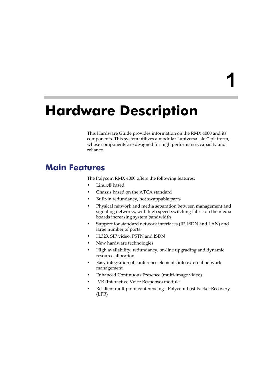 Hardware description, Main features, Hardware description -1 | Main features -1 | Polycom RMX DOC2548A User Manual | Page 7 / 60