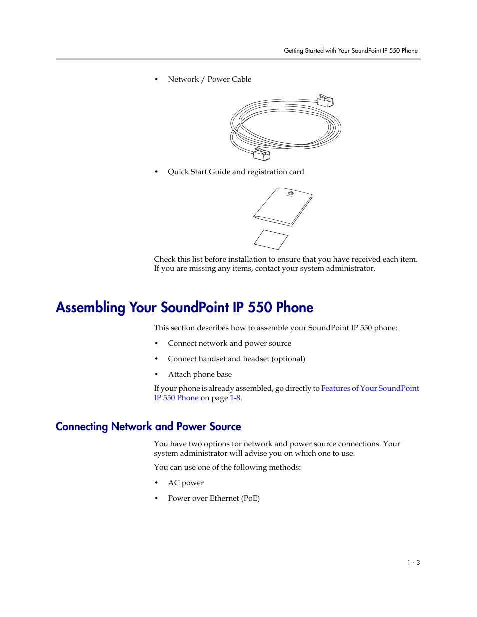 Assembling your soundpoint ip 550 phone, Connecting network and power source, Assembling your soundpoint ip 550 phone –3 | Connecting network and power source –3 | Polycom 550 User Manual | Page 11 / 90
