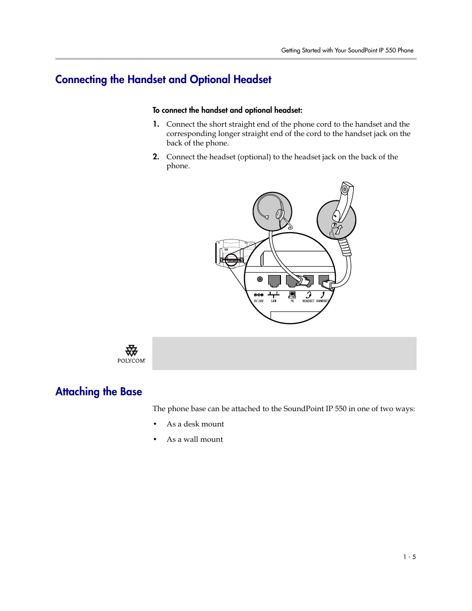 Connecting the handset and optional headset, Attaching the base | Polycom 550 User Manual | Page 13 / 90