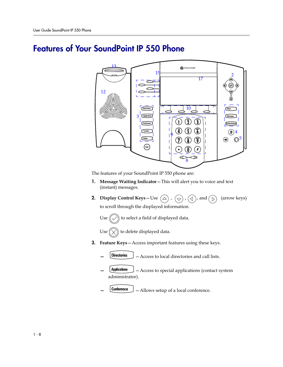 Features of your soundpoint ip 550 phone, Features of your soundpoint ip 550 phone –8, Features of your soundpoint | Ip 550 phone | Polycom 550 User Manual | Page 16 / 90